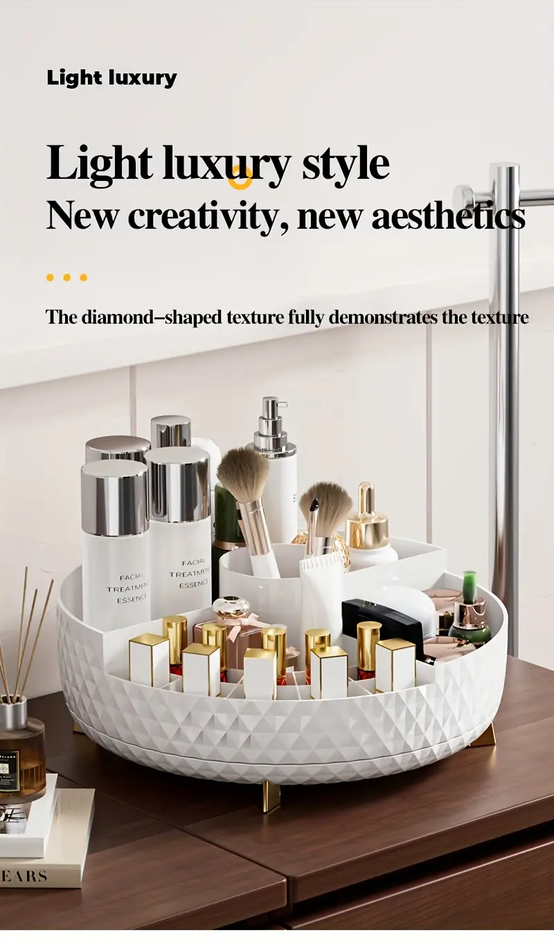 1pc high end rotating makeup organizer 11 2 diamond pattern cosmetic storage container with multiple compartments durable plastic vanity organizer for lipstick skincare brushes freestanding bathroom countertop display valentines day gift cosmetic storage organizer luxurious design polished Product details 6