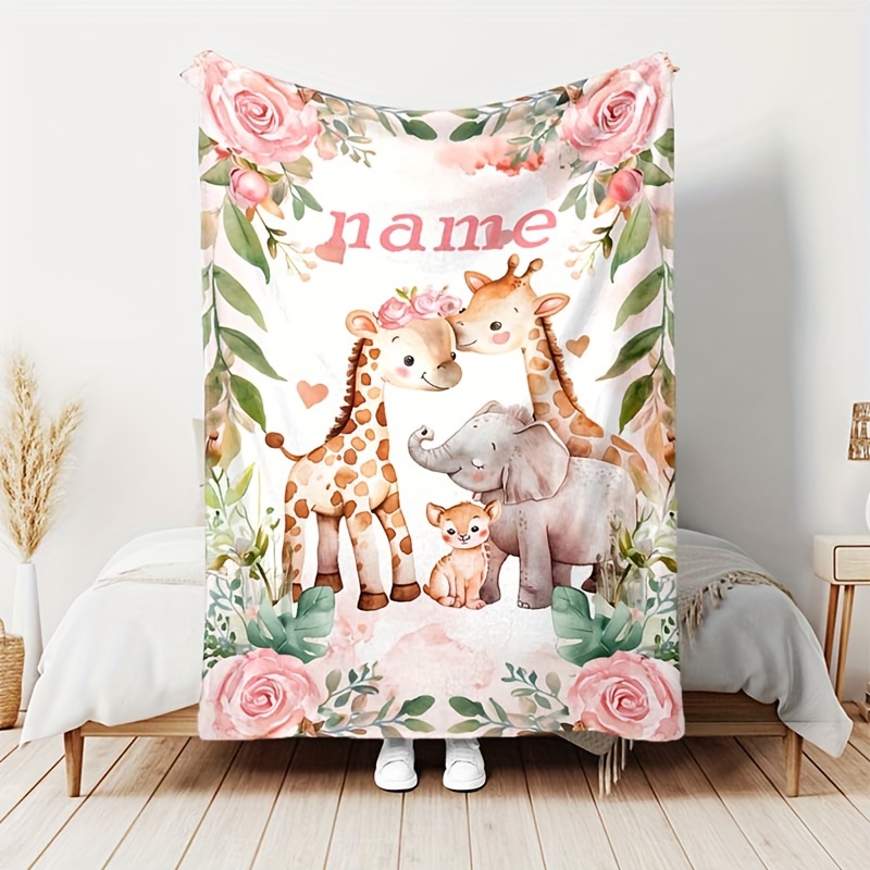 

1pc Custom Name Blankets: Cute Giraffes And Elephants On - Soft And Warm, , Camping And Travel - For All