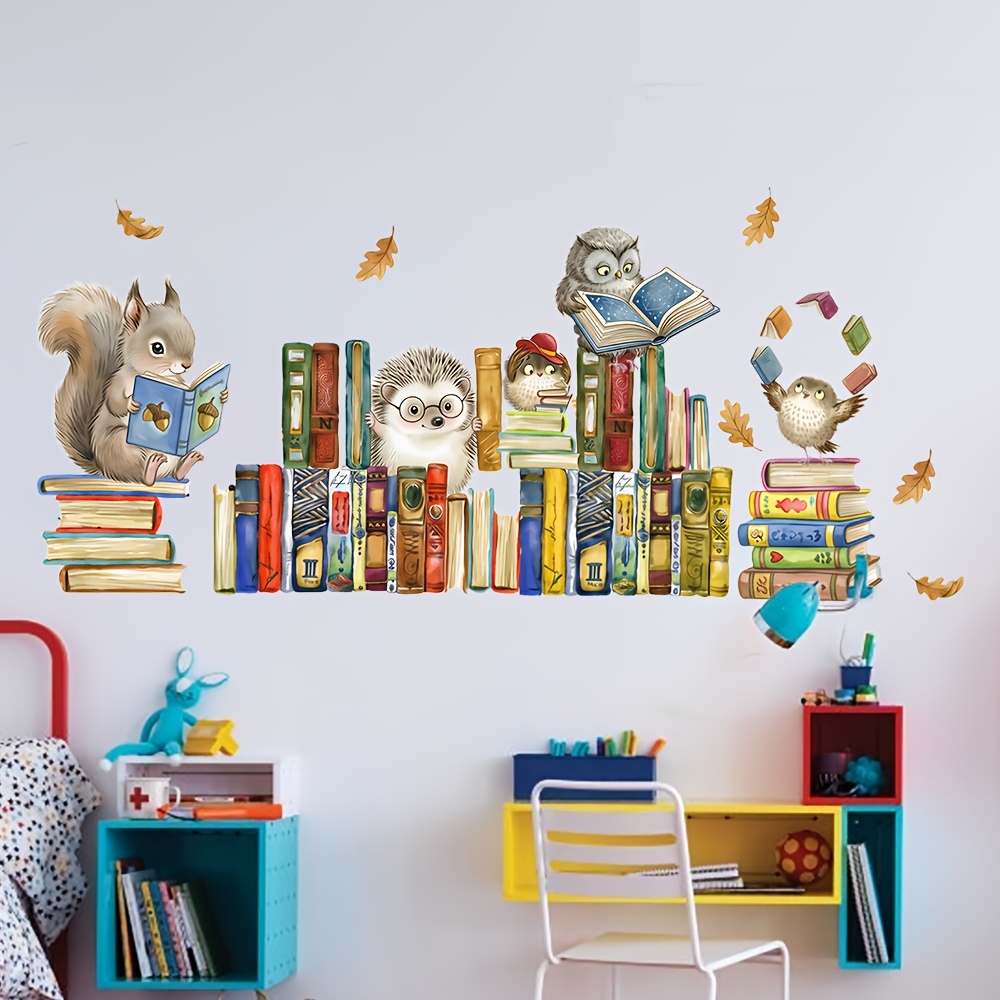 TEMU 1pc Literary Hand-painted Stacked Books Animal Reading Wall Sticker Maple Leaf Forest Little Animals Learning Pattern Kindergarten Room Bedroom