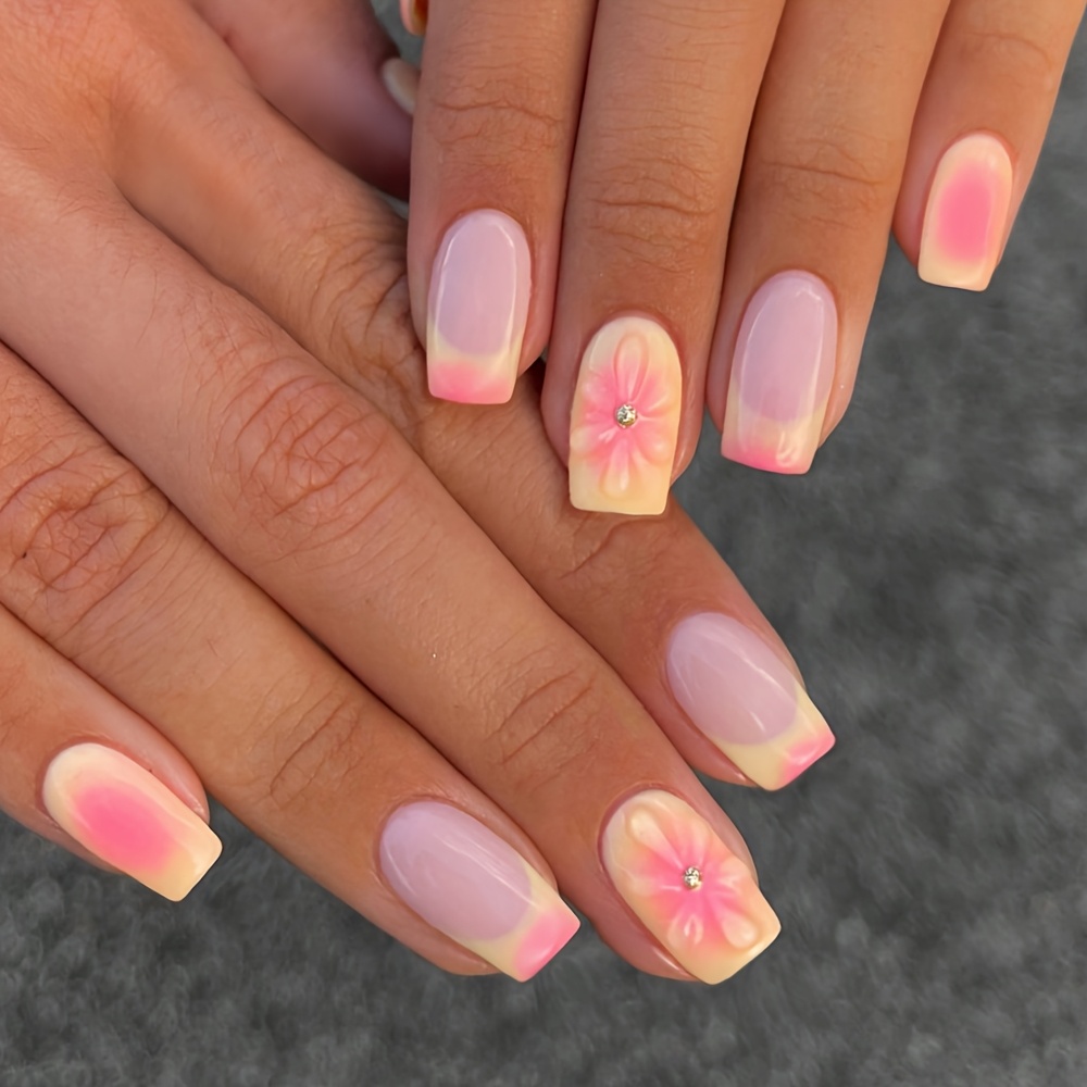TEMU 24pcs Medium-length Square Press-on False Nails, Sheer Pink With Pinkish-yellow Ombre French Edge, Featuring 3d Relief Flowers And Rhinestone
