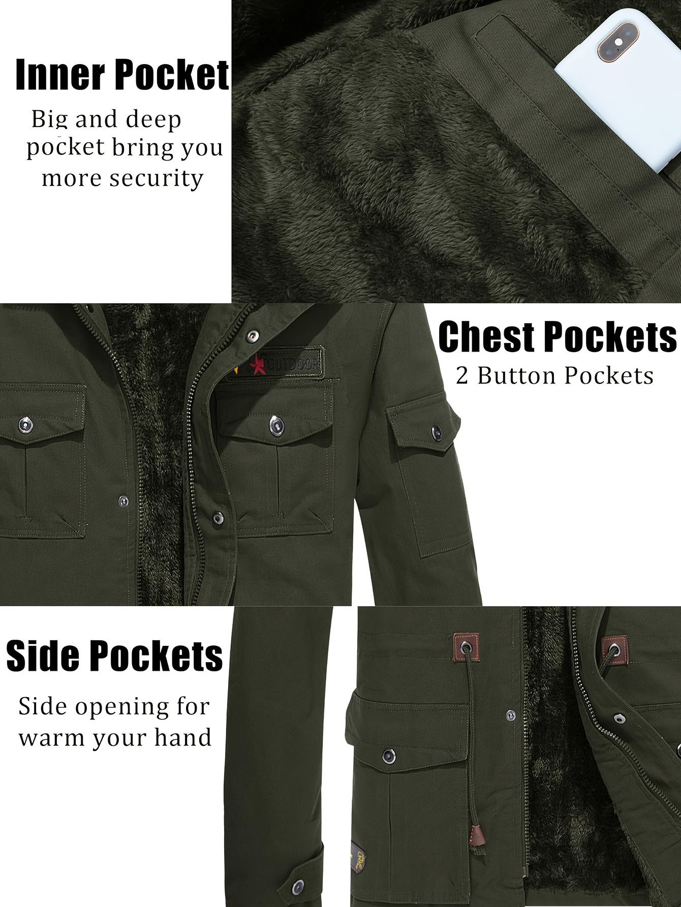 mens winter coat jacket fleece lined cotton cargo jacket water resistant breathable coat with windproof cuff and collar multiple pockets metal zipper coat for hiking camping fishing alpine region sports and life   details 4