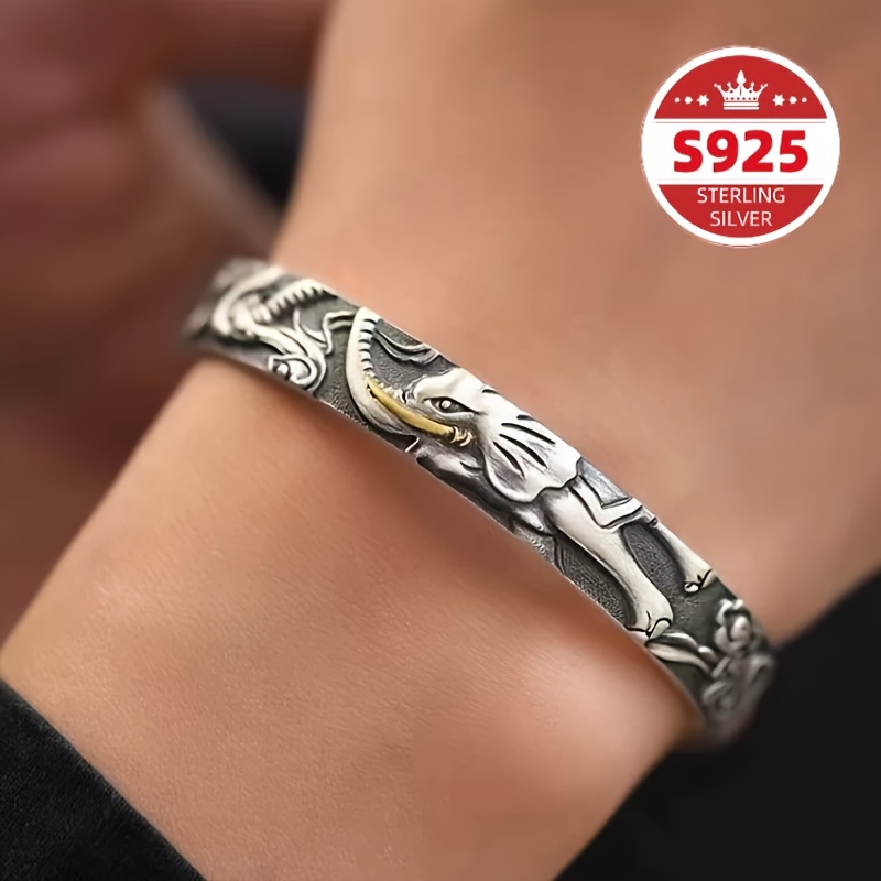 TEMU S925 Pure Silvery Elephant Men's And Women's Bracelets, Vintage Clouds, Vintage Small Elephant Bracelets, Open Bracelets, Temperament, Men's
