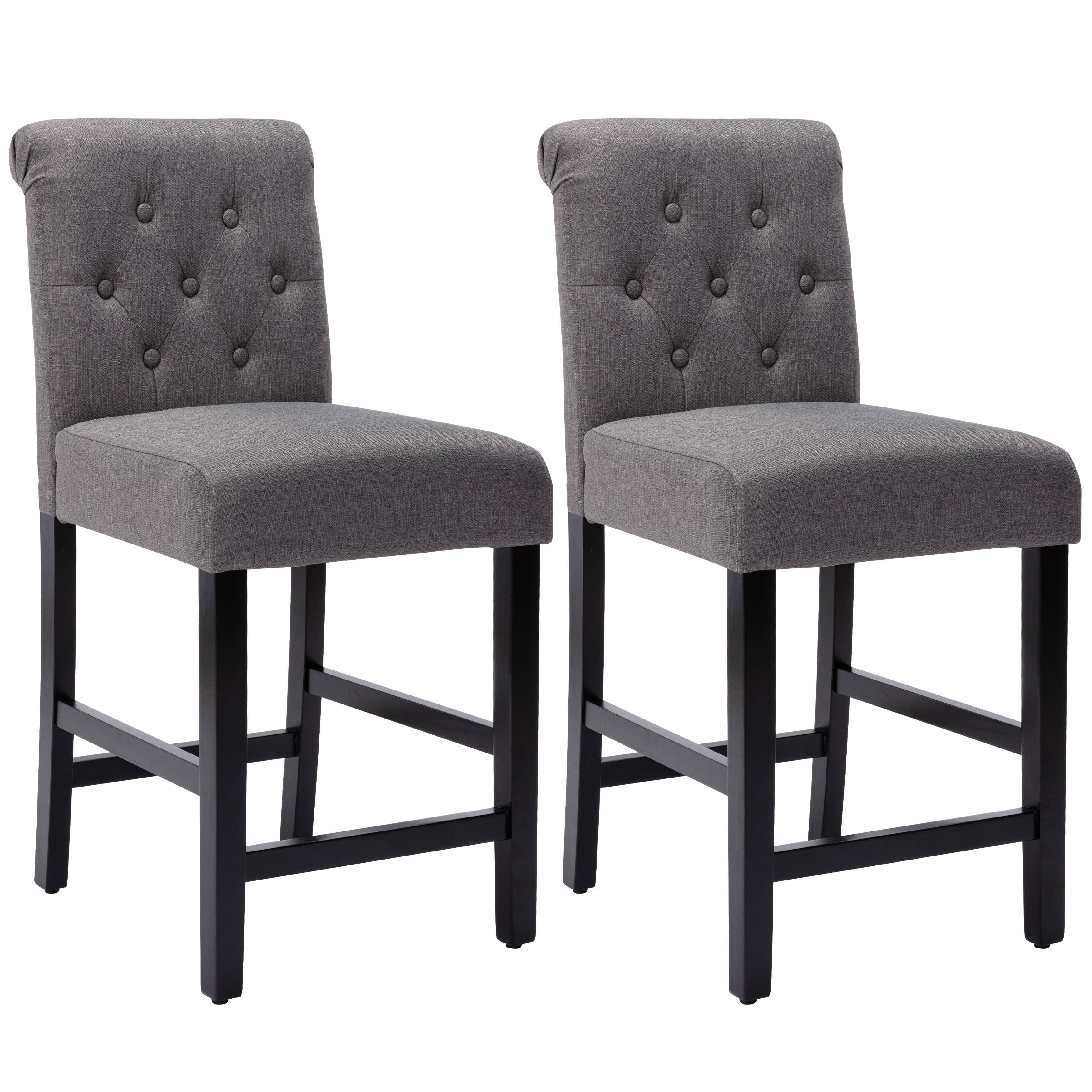 

Counter Bar Stools, 24 Inches Seat Height Wooden Stools, Upholstered Button Tufted Dining Chairs, Grey, Set Of 2