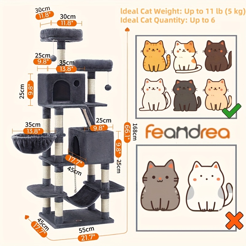 feandrea 66 1 44 1 inch cat tree large cat tower with 13 scratching posts 2 perches 2 caves basket hammock pompoms stable house multi level plush cat condo for indoor cats easy to christmas details 0