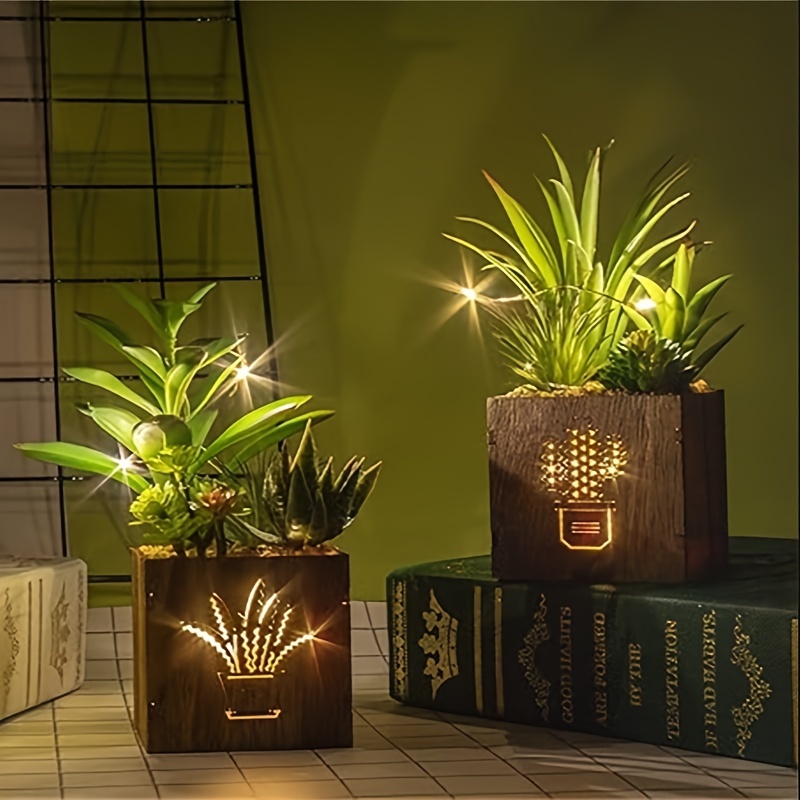 

Set Of 3 Artificial Succulents With Led Lights In Wooden Box, Artificial Plants Plastic Fake Topiary For Home/office Decorations, Table Centerpiece