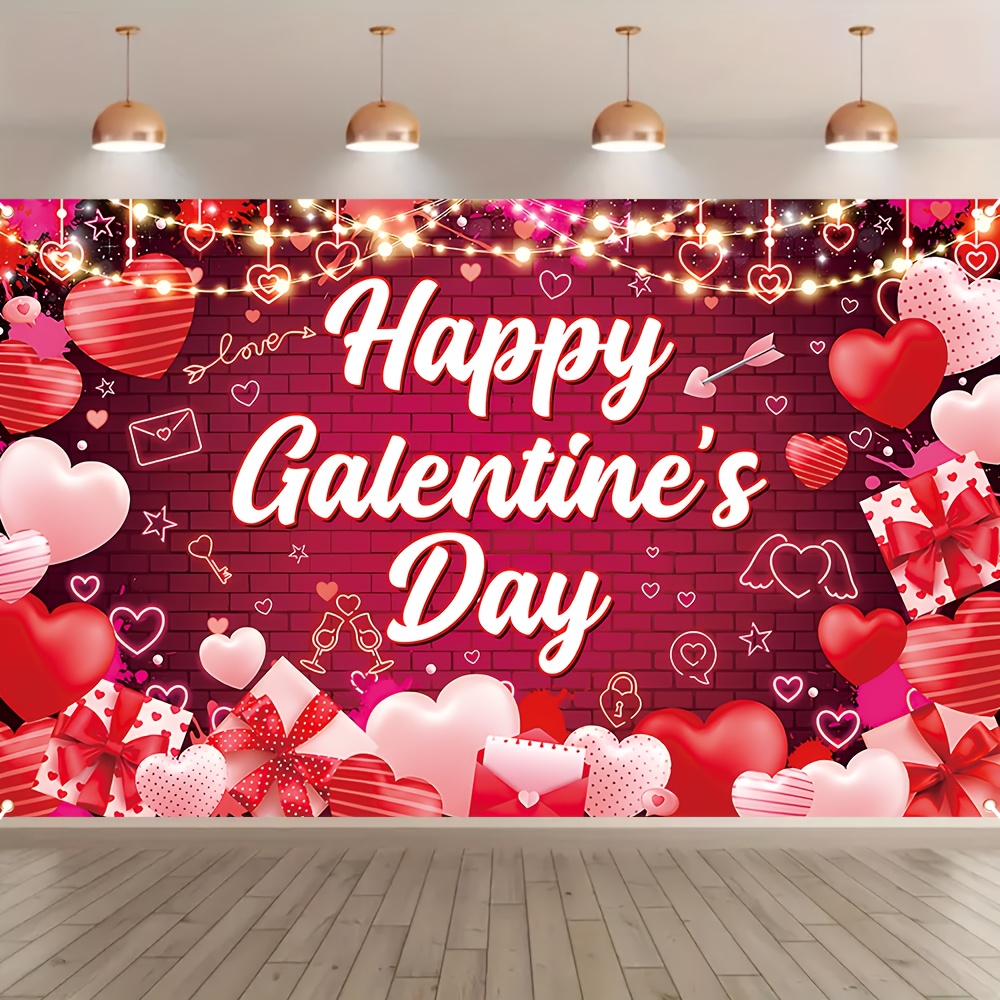 

1pc Valentine's Day Party Backdrop Flag - " .3" Happy Galentine's Day Theme With Hearts, Gift Boxes & Decorations, Polyester Photo Booth Prop For Indoor/outdoor Celebrations