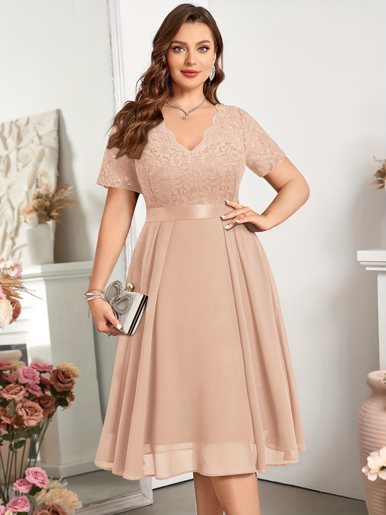 knee length dresses for ladies Plus Size Short Sleeve Lace Mini Dress_ Mint / 1XL main image 1