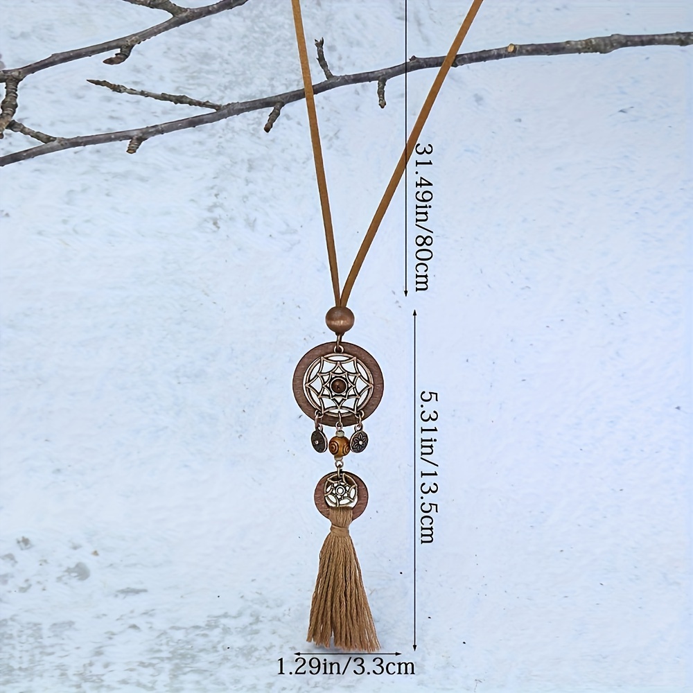 Image of 1 Bohemian Dreamcatcher Tassel Earrings, Wooden Necklace Ethnic Style Long Pendant Accessories Sweater Chain