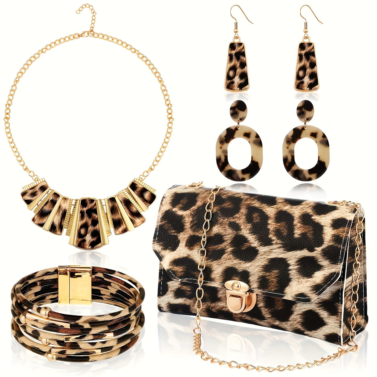 

5pcs Leopard Print Accessory Set For Women - Polyester Fashion Ensemble With Tassel Pendant Necklace, Earrings, Clutch Purse, And Leather Wrap Bracelets