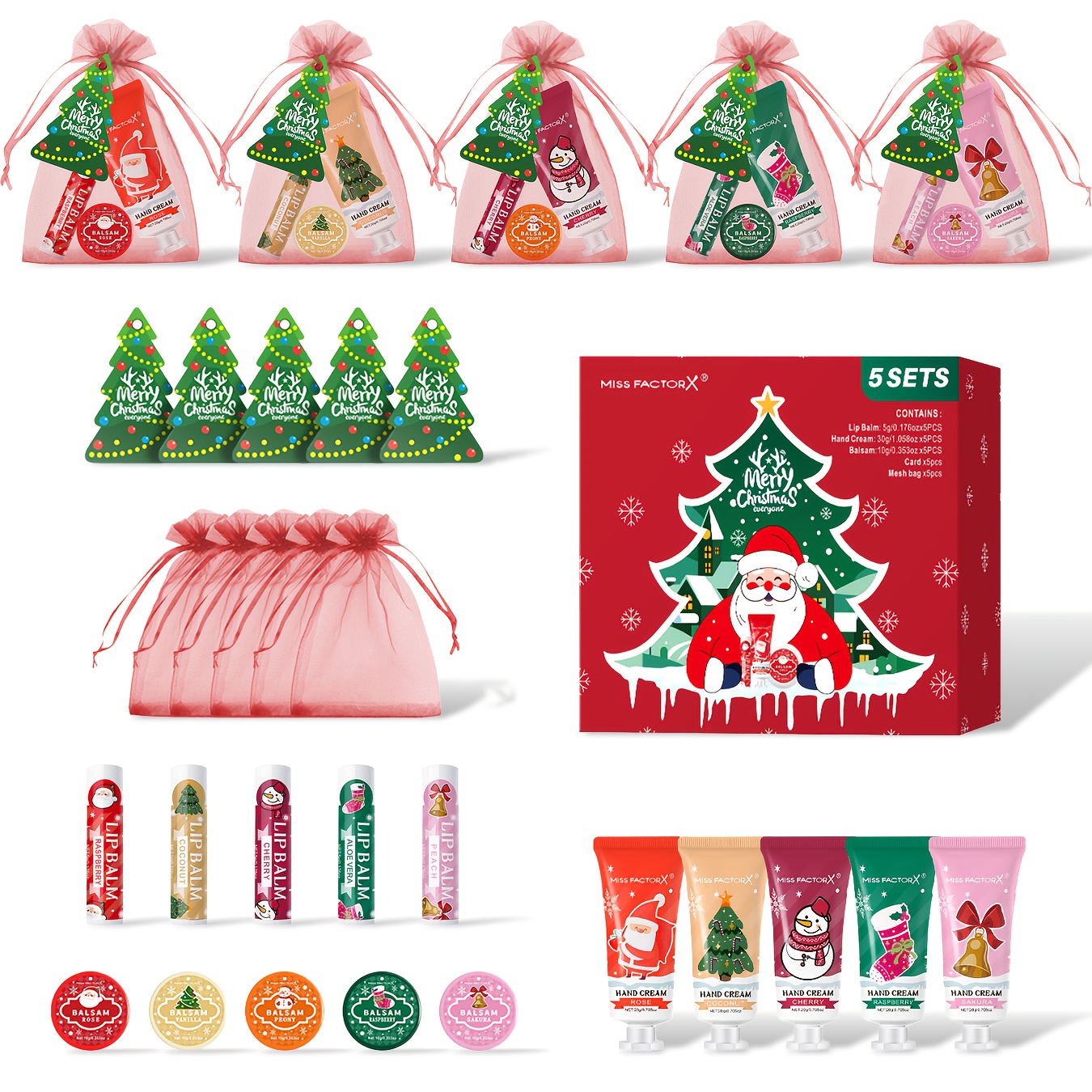 25pcs Miss Christmas Gift Set - Lip Balm, Hand Cream, Cards & Red With (, Trees, Stars) - All Light Beige Types, Glossy Finish, For Holiday Parties & Gifts, Christmas Gift Bags, Party Favors