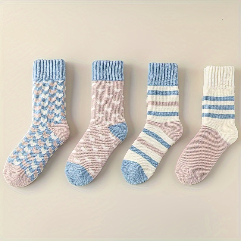 

4pcs Terry Women's Mid-calf Socks - Elegant Fleece-lined, Warm Autumn & Floor Socks Patterns, Stripes & Argyle In Soft Polyester , Cute Socks