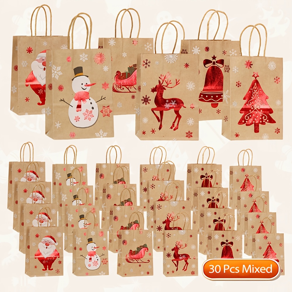 TEMU Lot de 30 sacs cadeaux de Noël en papier , sacs fourre-tout avec impression à chaud de rouge Père Noël, de neige, , traîneau, cloche, sapin de