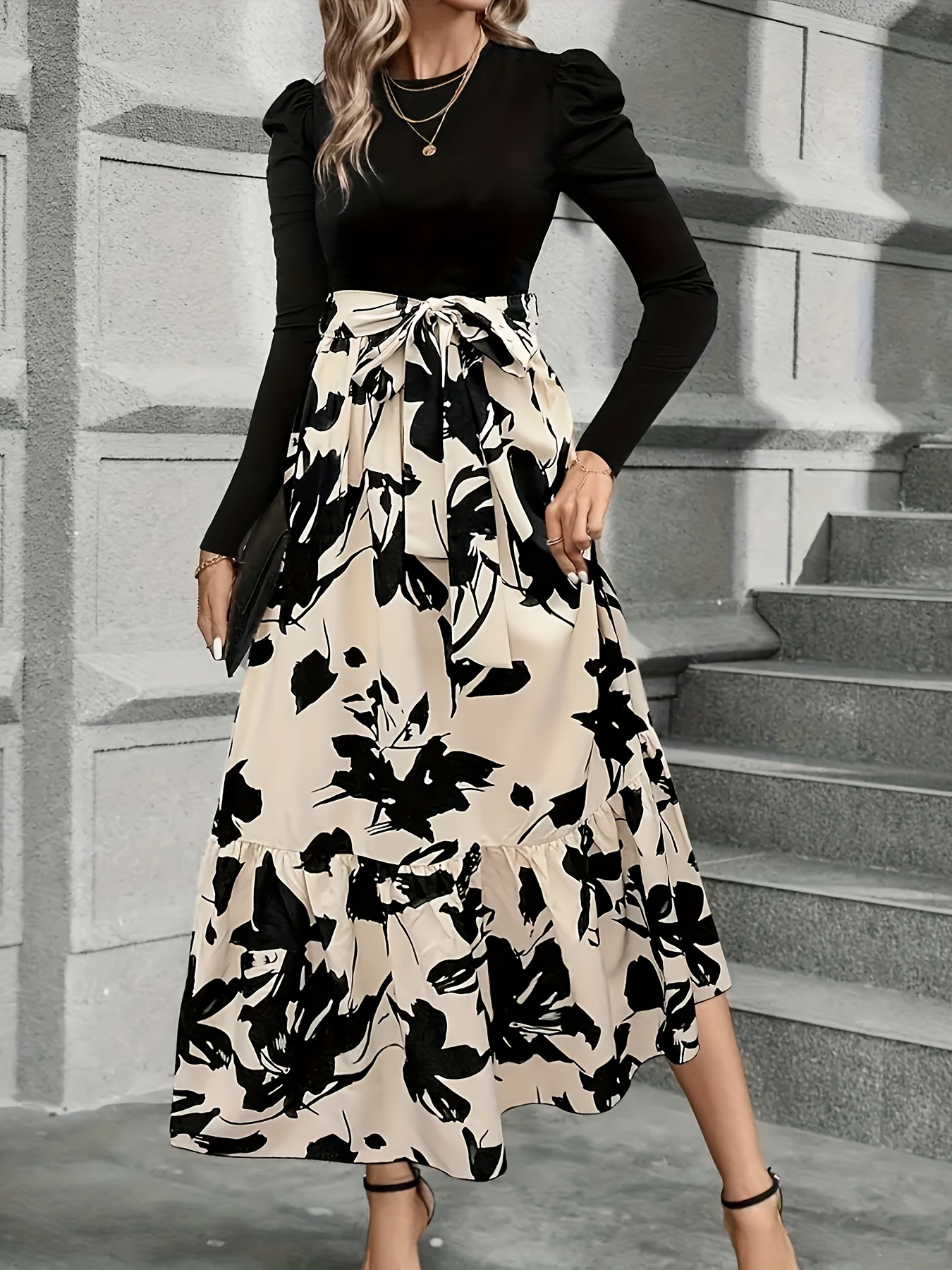 Skirt Floral Dresses For Ladies Women'S Black Floral Print Pleated