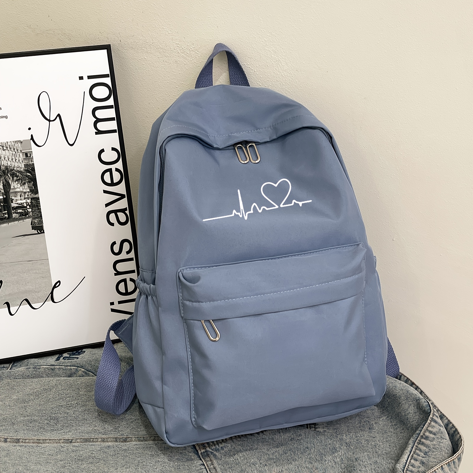TEMU 1pc Fashion Easy Versatile Heartbeat Pattern Casual Backpack Multifunctional Travel Bag Lightweight Trendy Suitable For Daily And University Use