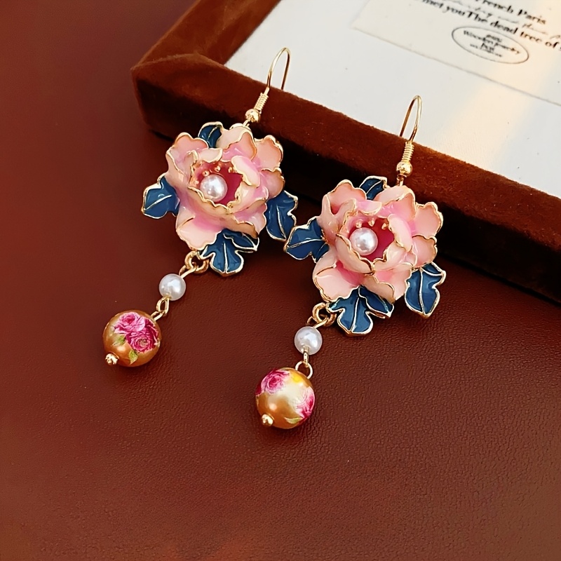 TEMU Elegant 2pcs Vintage Drop Earrings With Colorful Oil Drip And Pearl Tassels, Uv Plated Alloy - Daily Wear And Gifting, Chinese Style, Vacation