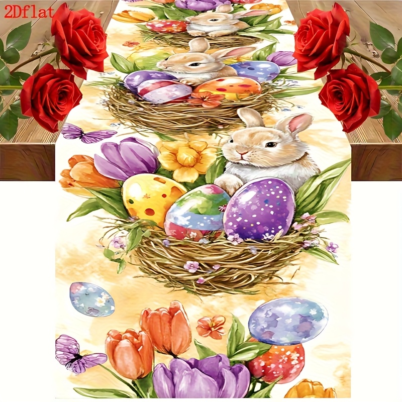 Colorful Flower And Basket Rabbit Pattern Tablecloth, 2d Flat, Dining Tablecloth, Rectangular Table Runner, Suitable For Easter, Wedding, Thanksgiving, Engagement, Banquet And Other Party Events