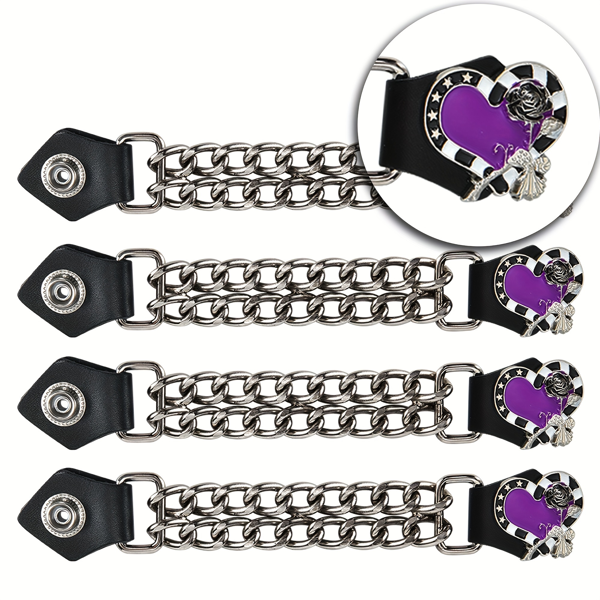 TEMU 4pcs Per Set Heart Purple Rose Pu Leather Motorcycle Vest Extender With With Double Chains For Women/men Bikers