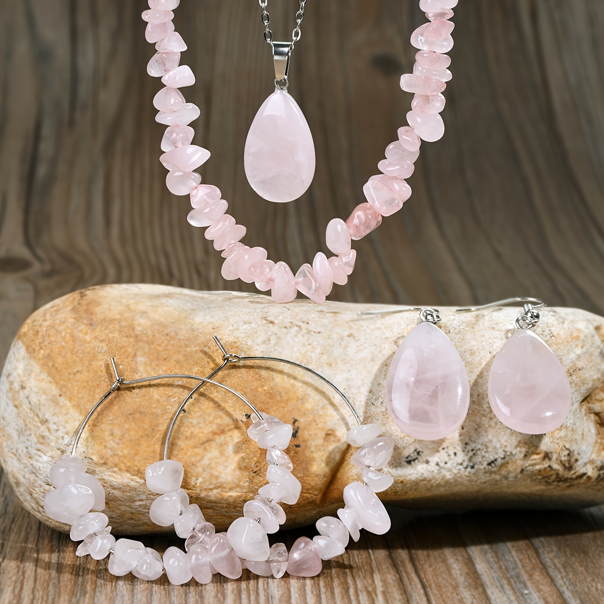 Boho Pink Quartz 6pc Jewelry Set Handcrafted Stone
