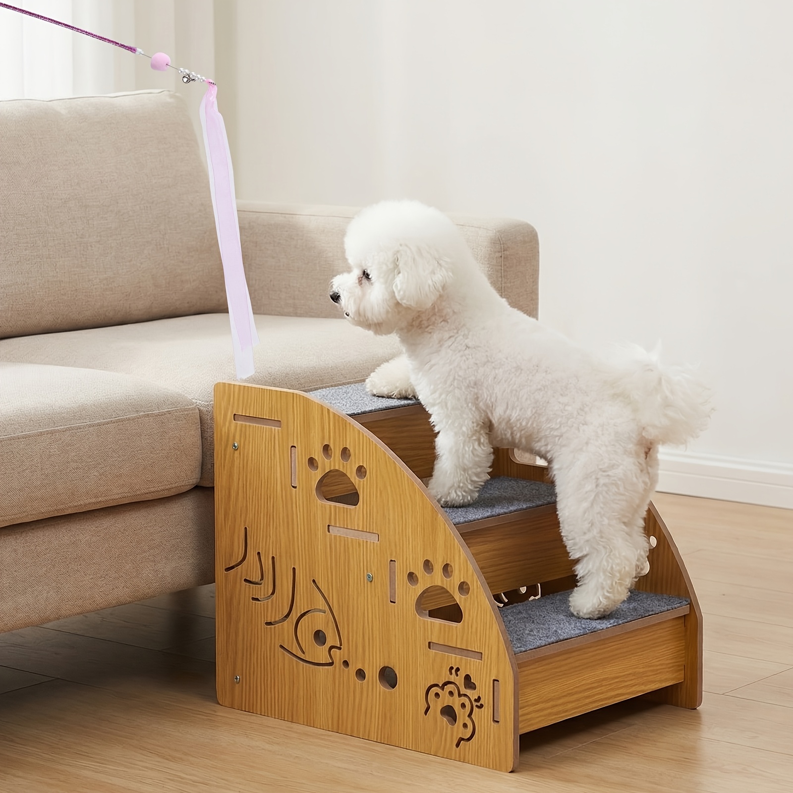 Image of Pet Stairs, 3 Or 4 Layers Height Optional, Free Stick, Low-step Gentle Slope Tread, Small Assistance Ramp, Natural , Universal Stairs For Bed, Sofa, And Windowsill