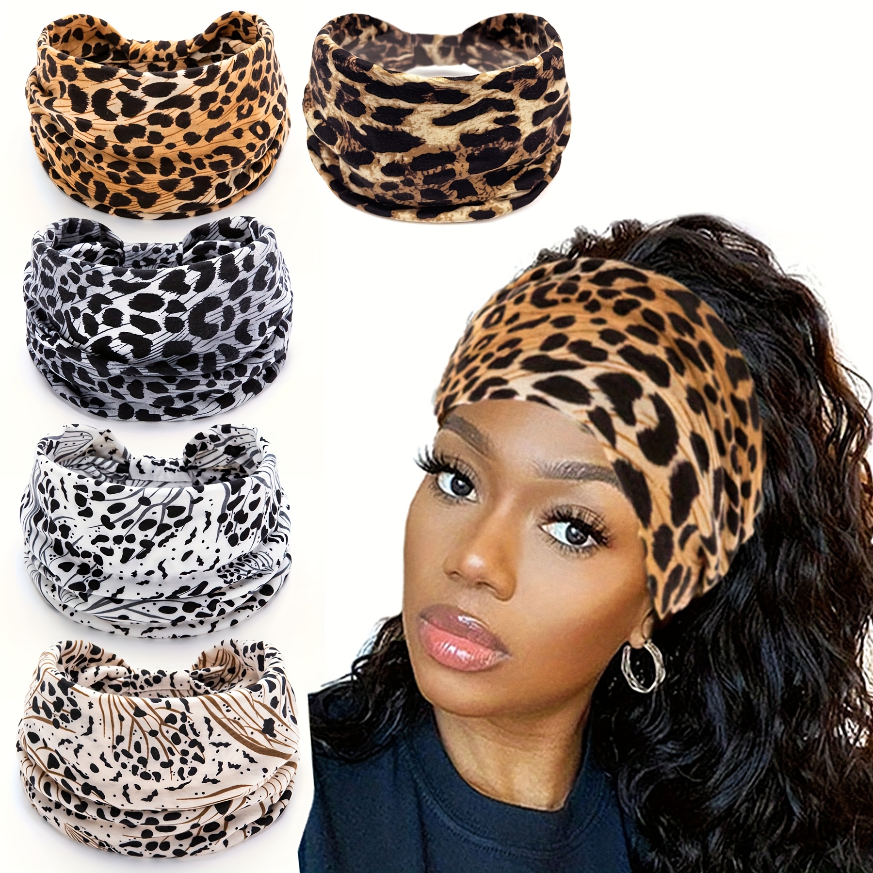 Image of 5 Wide Bohemian Headbands For Women - Elastic, Non-slip Headbands Suitable For Sports, Yoga, And Fashion - Wolf Lion, Camouflage, Animal Print, Stripe, Comfortable For .
