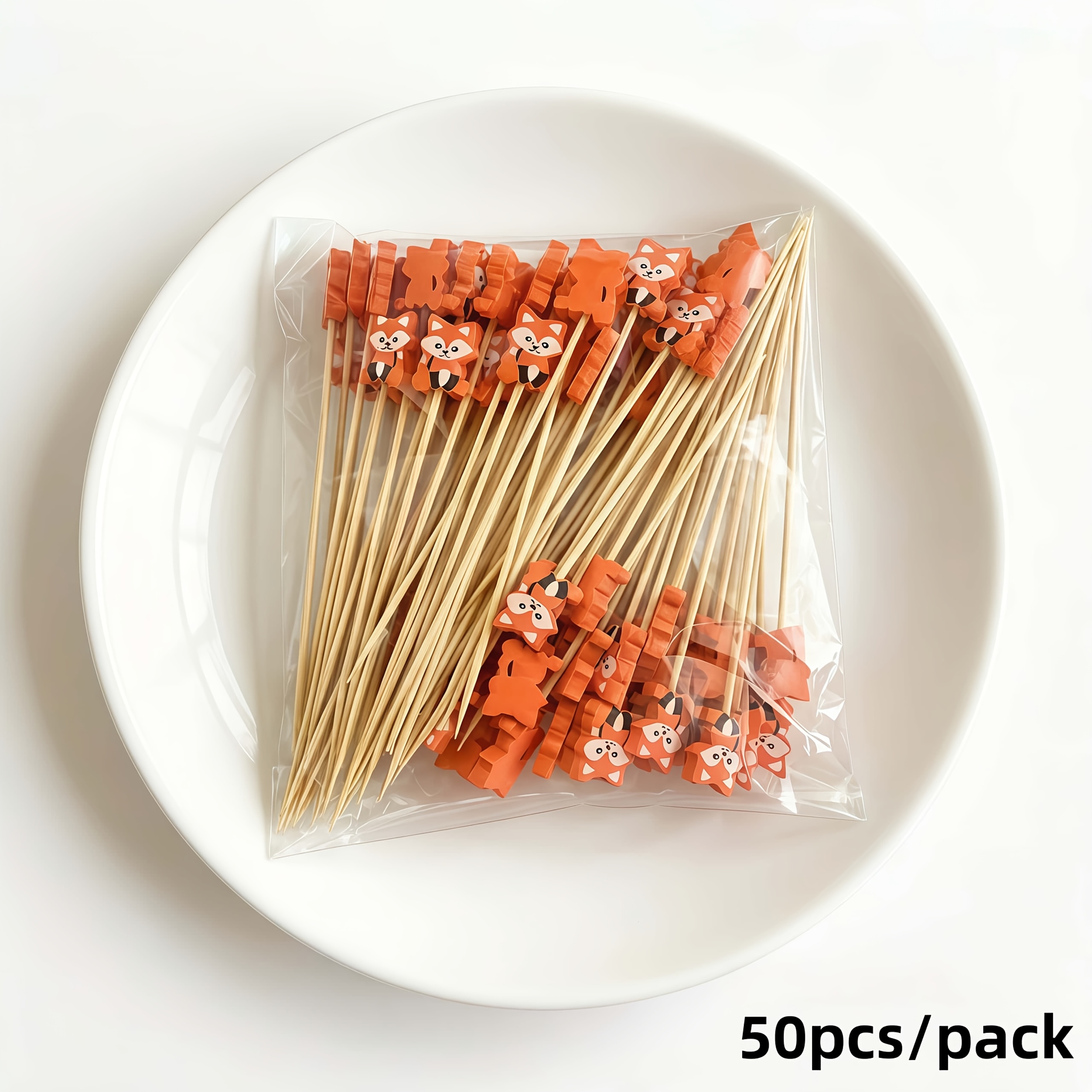 Image of 50pcs/pack Fox Themed Bamboo Sticks Exquisite And Fashionable Bamboo Skewers, Themed Bamboo Skewers, Skewers, Fruit Skewers, Sushi Skewers, Sandwich Skewers, Hamburger Skewers, Barbecue Skewers