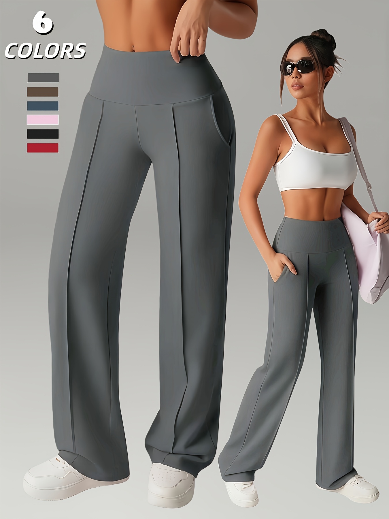 Women'S Leggings, 1pc Straight Wide-Leg Pants, Athletic Quick-Dry Yoga Pants with Pockets, Commuter-Friendly Yoga Trousers, Stretch Athletic Pants High-Waist Leggings, Slight Flared Skinny Pants