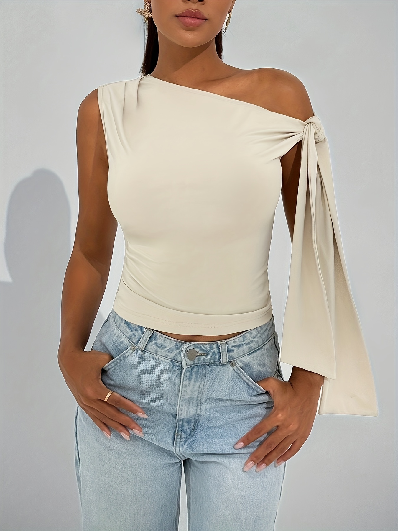 womens asymmetrical one shoulder top tie sleeve beige Temu South