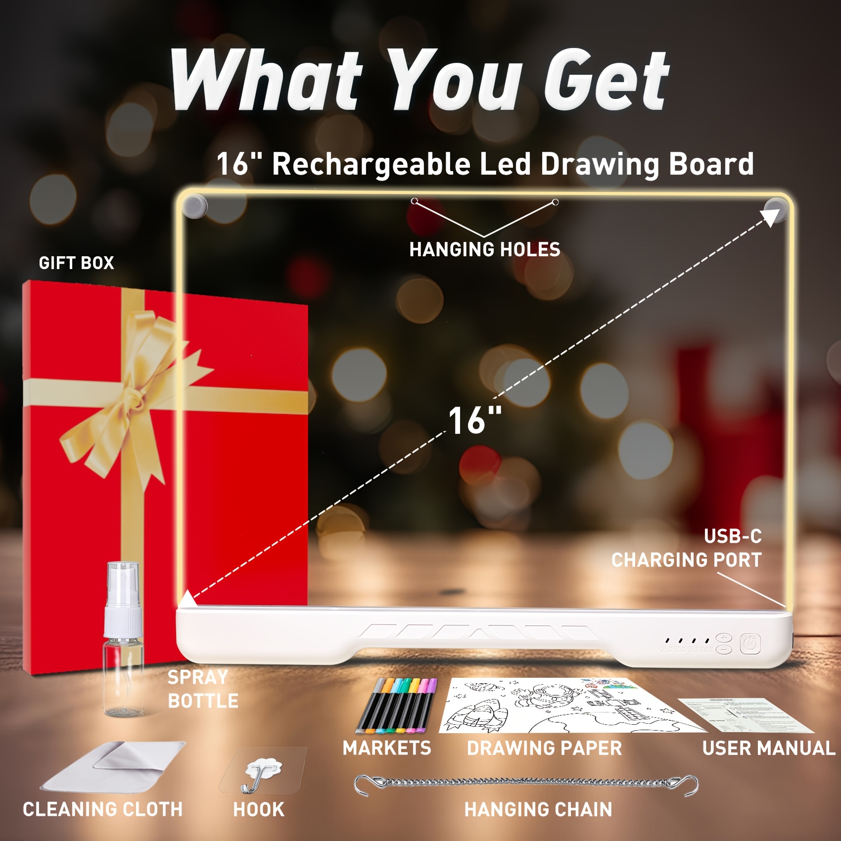 TEMU 16 Inch Usb-powered Led Multicolor Drawing Board With Adjustable Colors & Accessories Suitable For Homes, Schools, Classrooms, Offices - Desktop