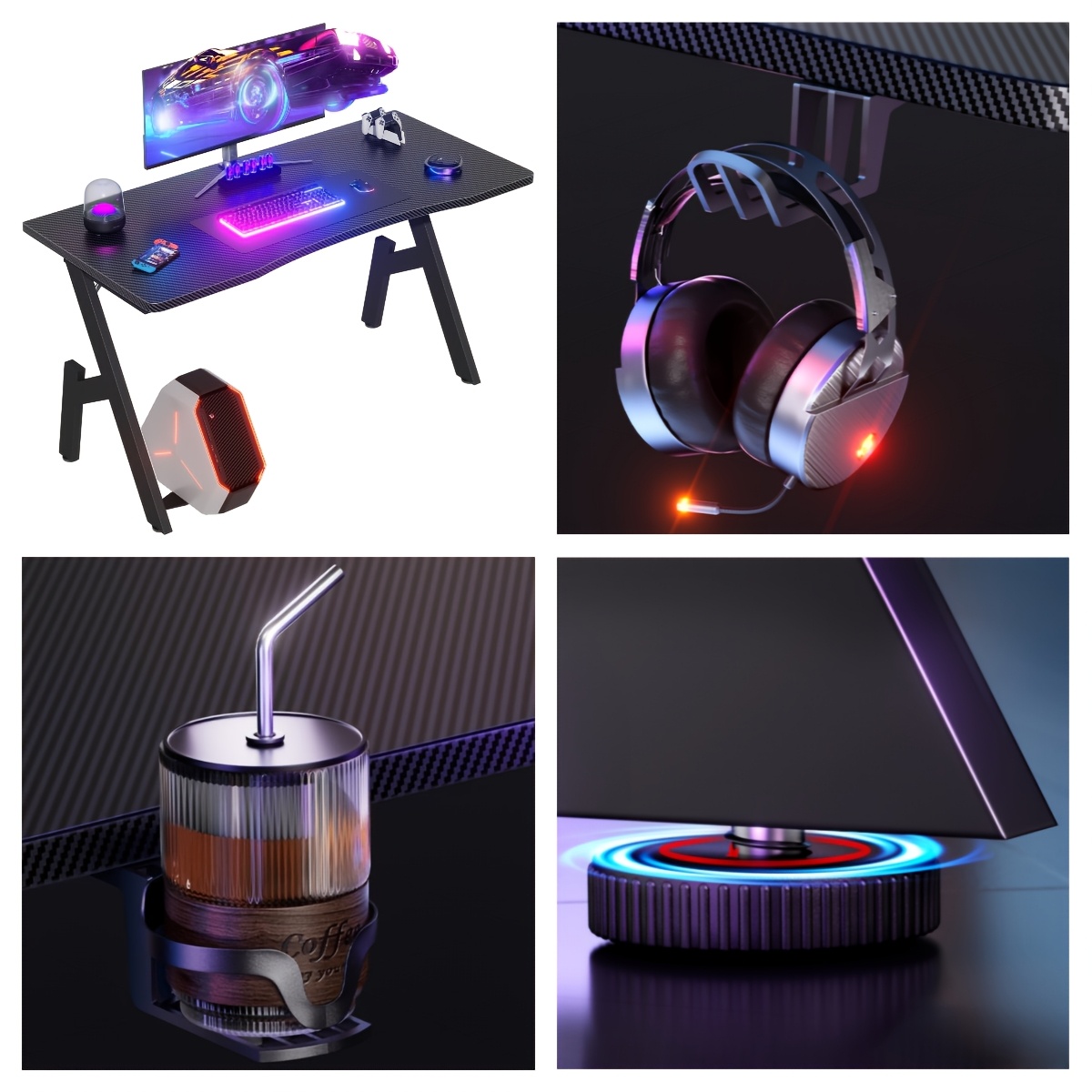 Gaming Table With Leg Cushions, Computer Desk With Carbon Fiber Oversized Table Top, Desks For Sturdy Writing Workstation, Bedroom