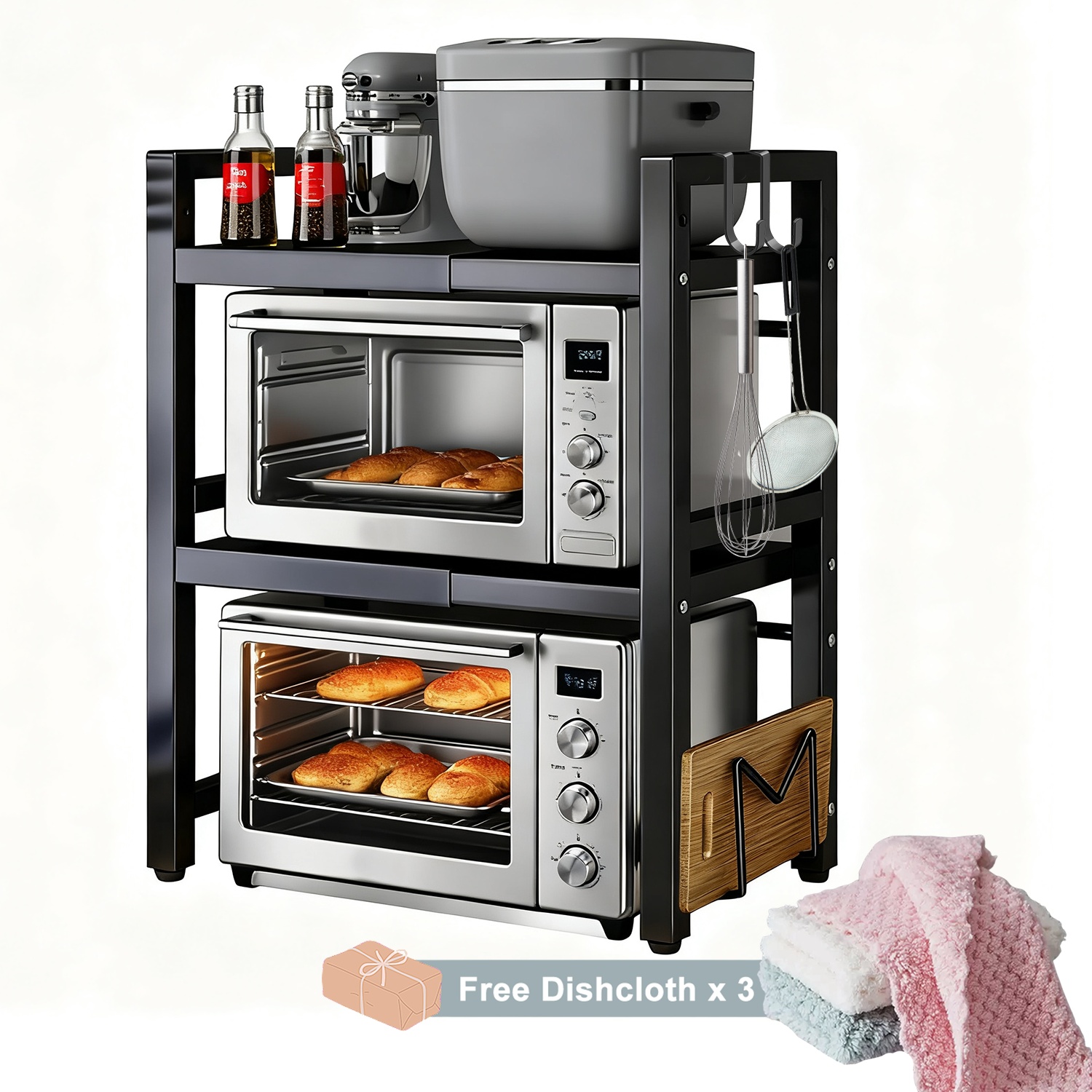 E-shop 2/3-stufiges ausziehbares Mikrowellenregal mit 2 Haken, einem Schneidebrett-Halter 3 Handtüchern. Breite erweiterbar von 40 cm bis 64 cm,
