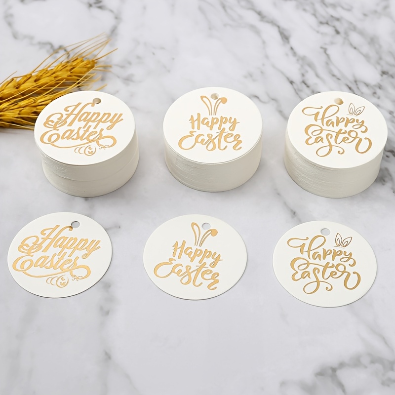 

-pack Assorted Styles Bunny & Egg Lettering Round Tags, Diy Holiday Gift Hanging Labels, Paper Material, White Decorative Accessories