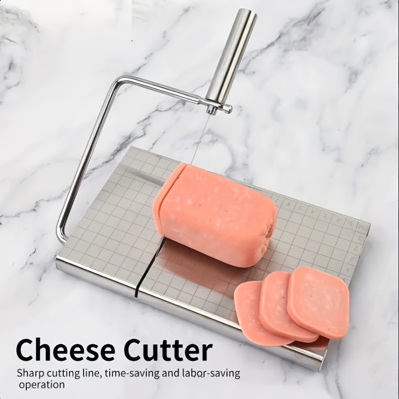 Stainless Steel Cheese Slicer Set Including a Cutting Board And Five Replacement Wires for Cutting Block Cheese.