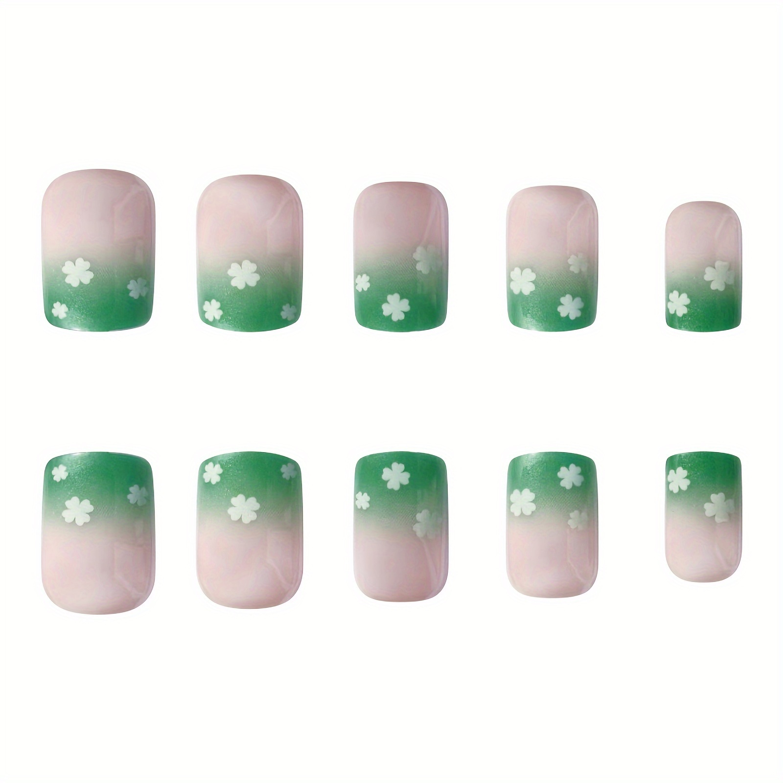 saint patricks day 24pcs glitter short square false nails spring green gradient four leaf clover design nail art tips for women details 5