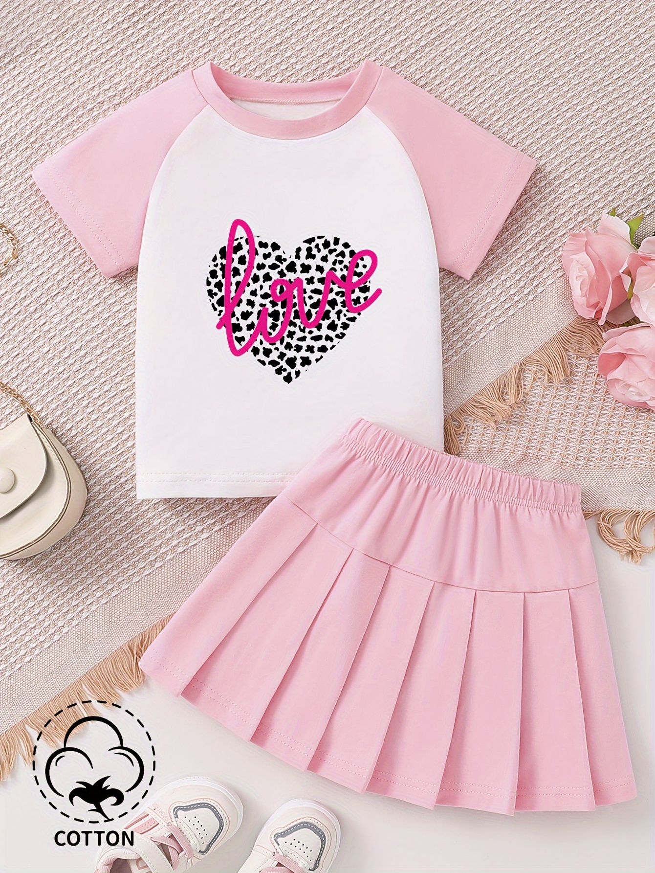 2pcs Toddler Girl Preppy style Letter Print Colorblock Polo Shirt and White Pleated Skirt Set