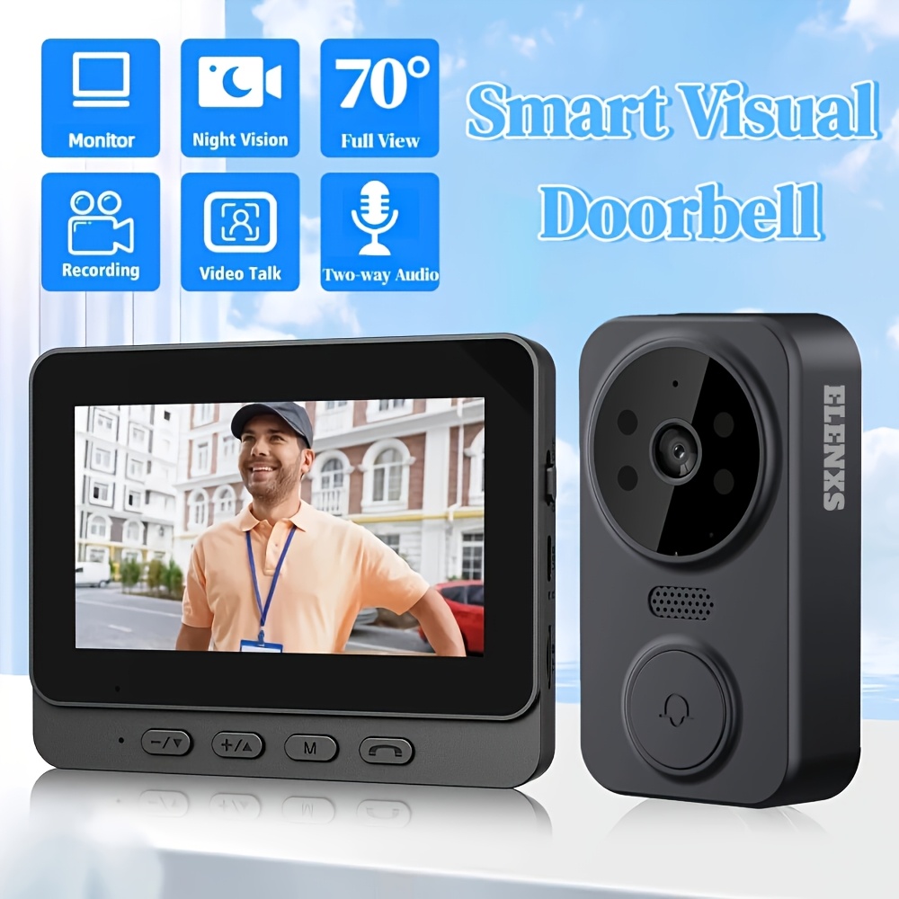 TEMU Elenxs For Smart Video Doorbell Camera With 10.92cm Hd Display, Visual Intercom Doorbell, 2-way Talk, Infrared Night Vision, , For Smart Home &