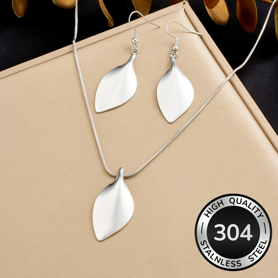 TEMU 304 Stainless Steel Silvery Leaf Earrings Necklace Set, Fashionable And Trendy Jewelry Set, Including Necklace Earrings, Party Jewelry Gifts