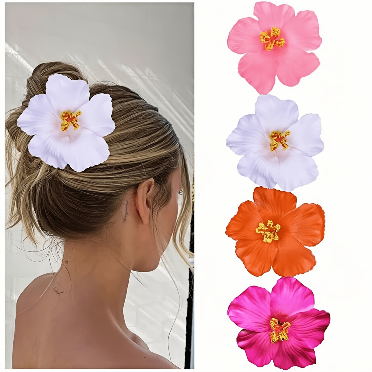 4pcs hawaiian flower hair clips for women 4pcs large3 9 inch artificial flower clips plumeria hibiscus hair clip for vacation beach party   tropical flower hair additions for holiday gift
