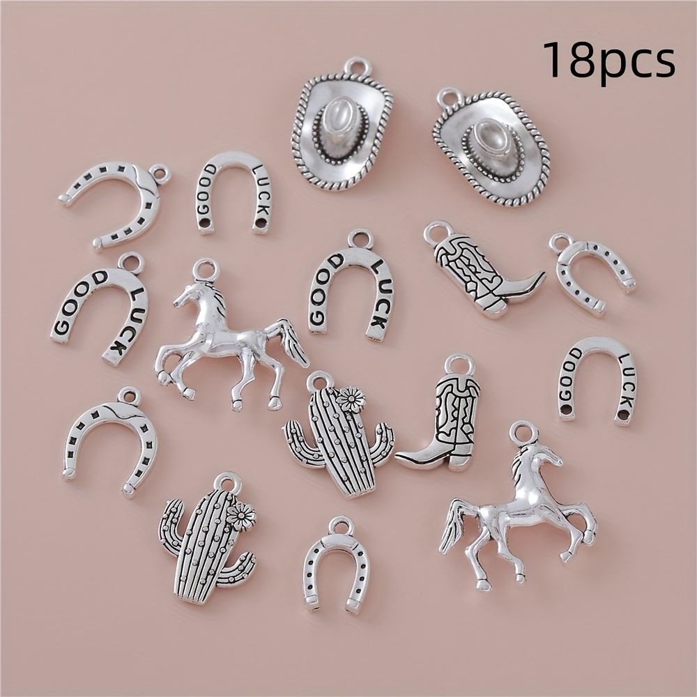 E-shop Vintage-Metall-Anhänger im Western-Stil, 18-teiliges DIY-Zubehörset für Armbänder Halsketten, Formen Kaktus / Cowboystiefel / Hufeisen,