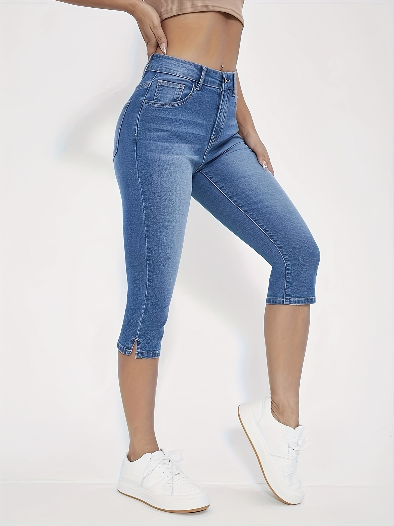 Blue Slim Fit Cropped Jeans, Slash Pockets *-Stretch Capris Denim Pants,  Women's Denim Jeans & Clothing