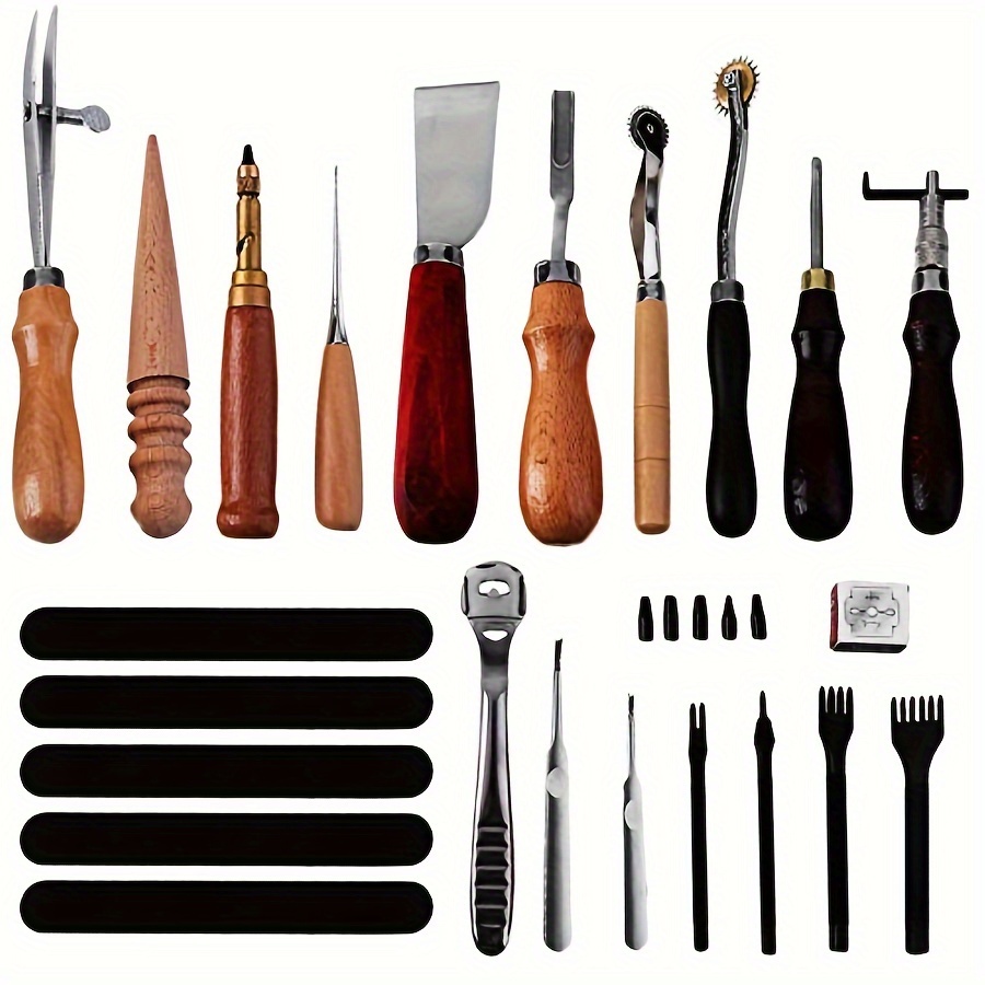 

18-piece Leathercraft Tool Set - Diy Hand Stitching Kit With Pricking Irons, Bevelers, , Punches, & - Metal Leather Working Tools For Crafting And Sewing