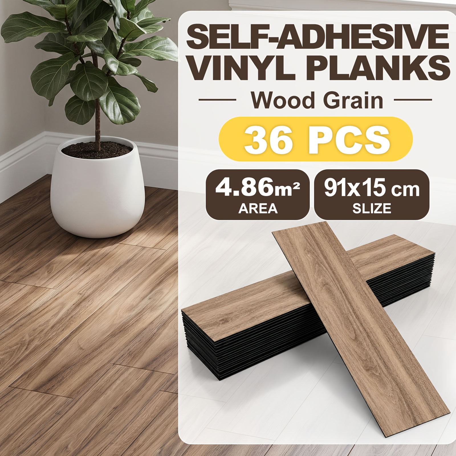 TEMU 36pcs (36 Sheets) Self-adhesive Vinyl Floor Tiles Suitable For Bathroom, Kitchen, Countertops - Thick 1.2mm Retro Wood Grain With Non-slip