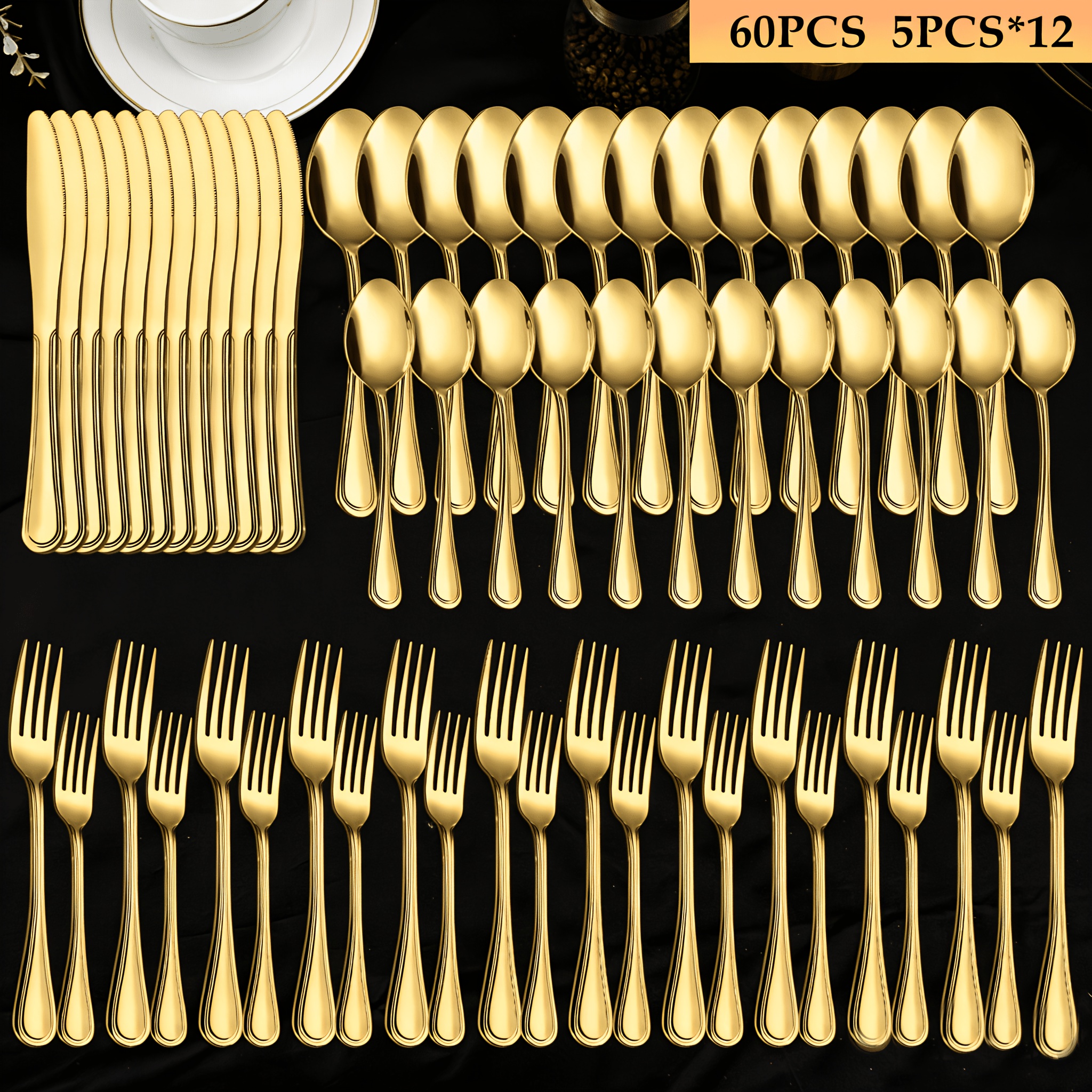 TEMU 60/65/84pcs Golden Silverware Set, 12-person Capacity, Suitable For Family, Camping And Barbecue, Silverware Set, Kitchen Decor And Accessories, Kitchen Organizers And Storage, Kitchen Utensils