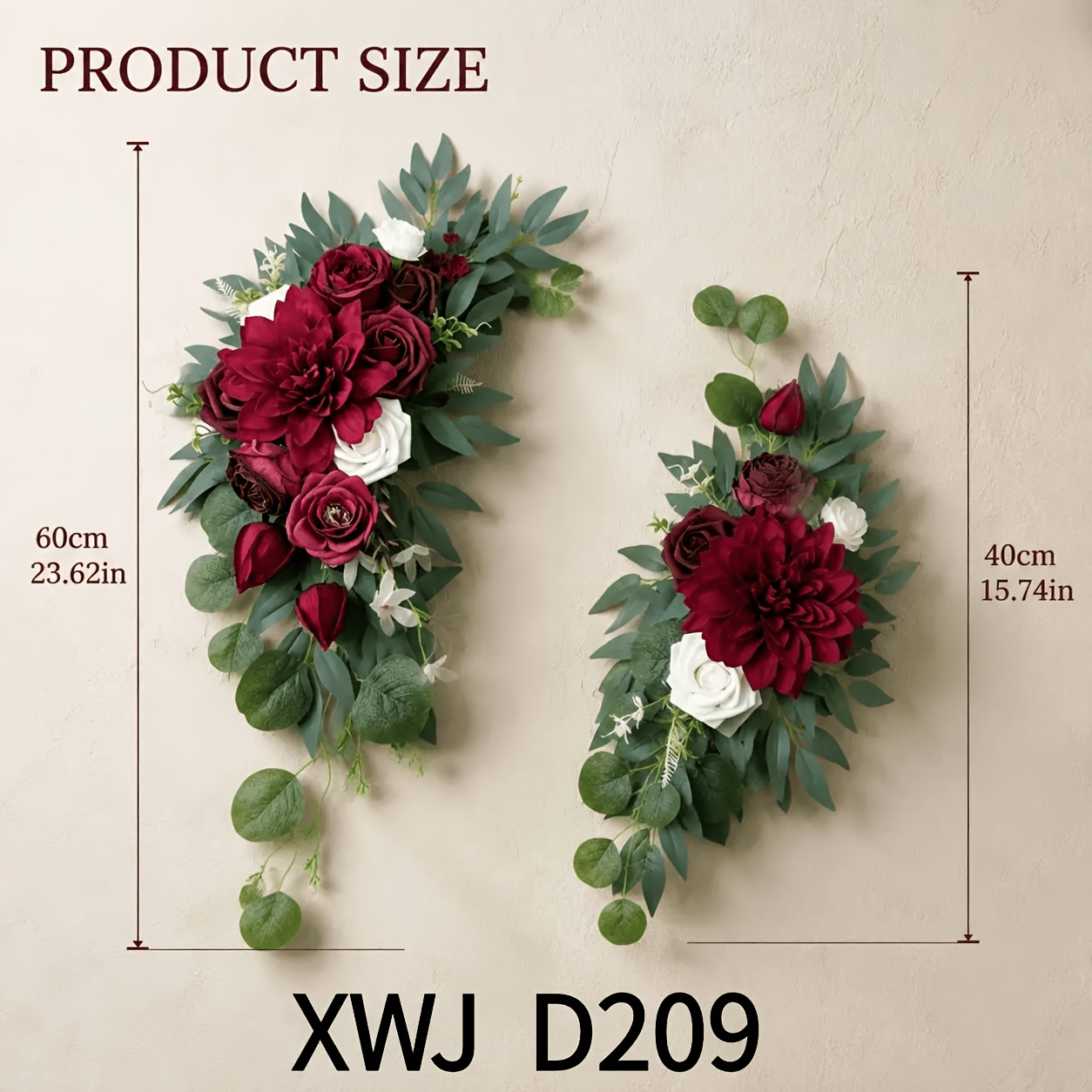 TEMU 2pcs Set Of Wine Red Simulated Floral Decoration, 60cm And 40cm Realistic Dahlias And Rose Bouquets, Durable And Reusable Silky Flowers That