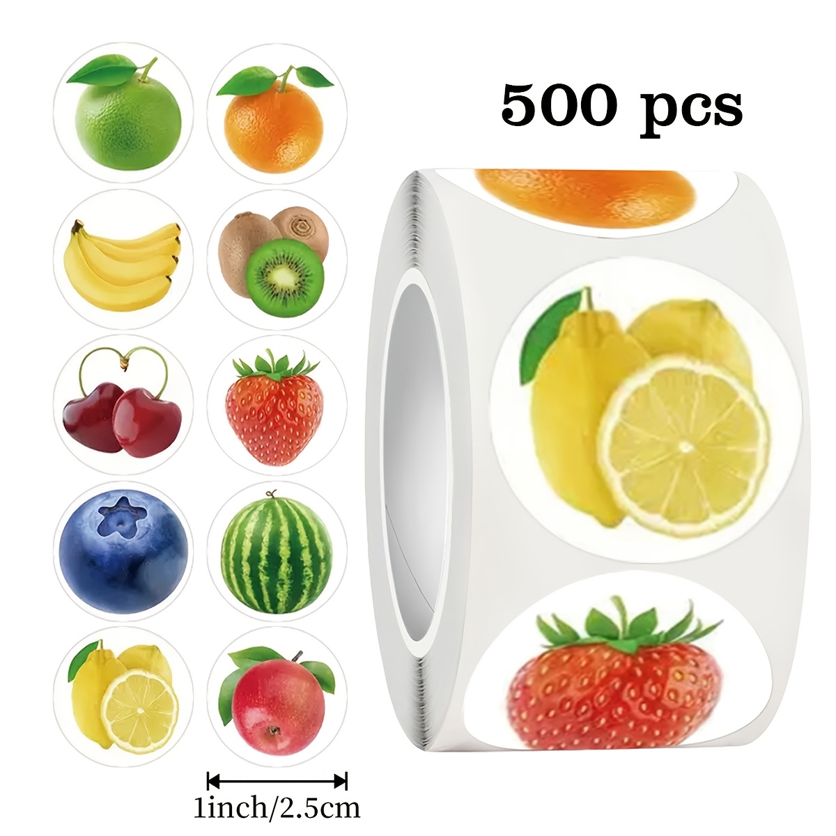 TEMU 500 adesivi rotondi da 1 pollice con frutta animati, 10 design, etichette sigillate per casa, cucina, feste, regali, lavoretti, adesivi in PVC