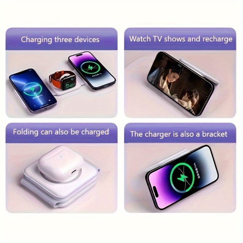 3 in 1 fast wireless magnetic charger station for iphone for android for iwatch smartwatches and type   compact travel charging center foldable lightweight portable with fast charging   perfect halloween gift for men women in white black 2