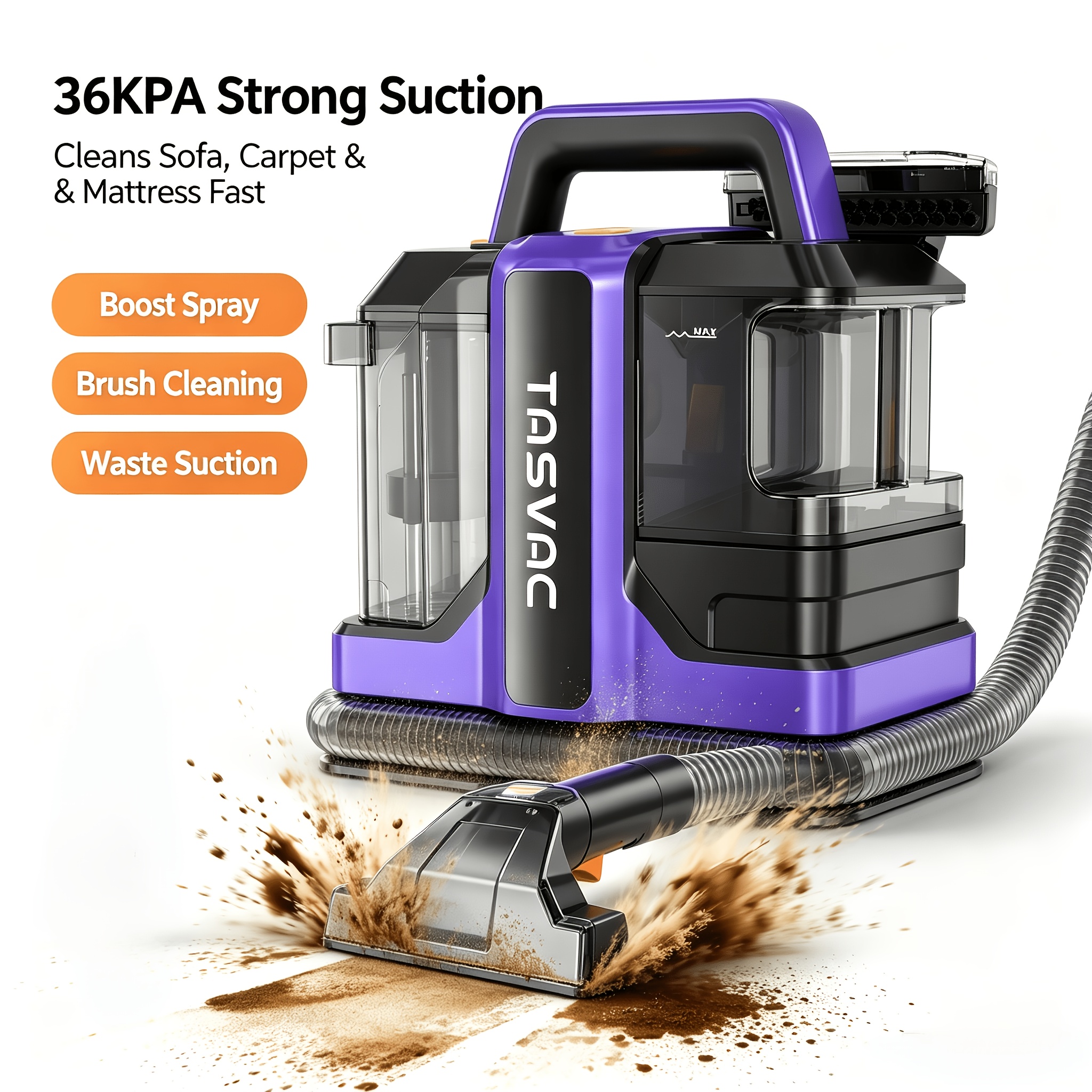 TEMU Tasvac 36kpa Portable | Home Carpet & Sofa Spot Cleaner, Dual-size Cleaning Heads, Detachable 1080ml Clean Water Tank And 800ml Tank, Dimensions