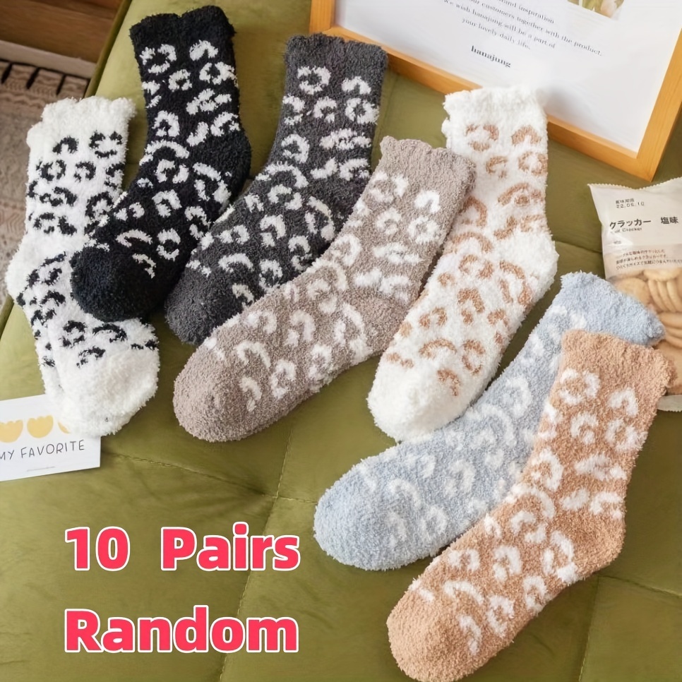 

10pcs Cozy Leopard Print Coral Fleece Socks For Women - Warm, Thick Mid-calf Comfort For Fall & Winter