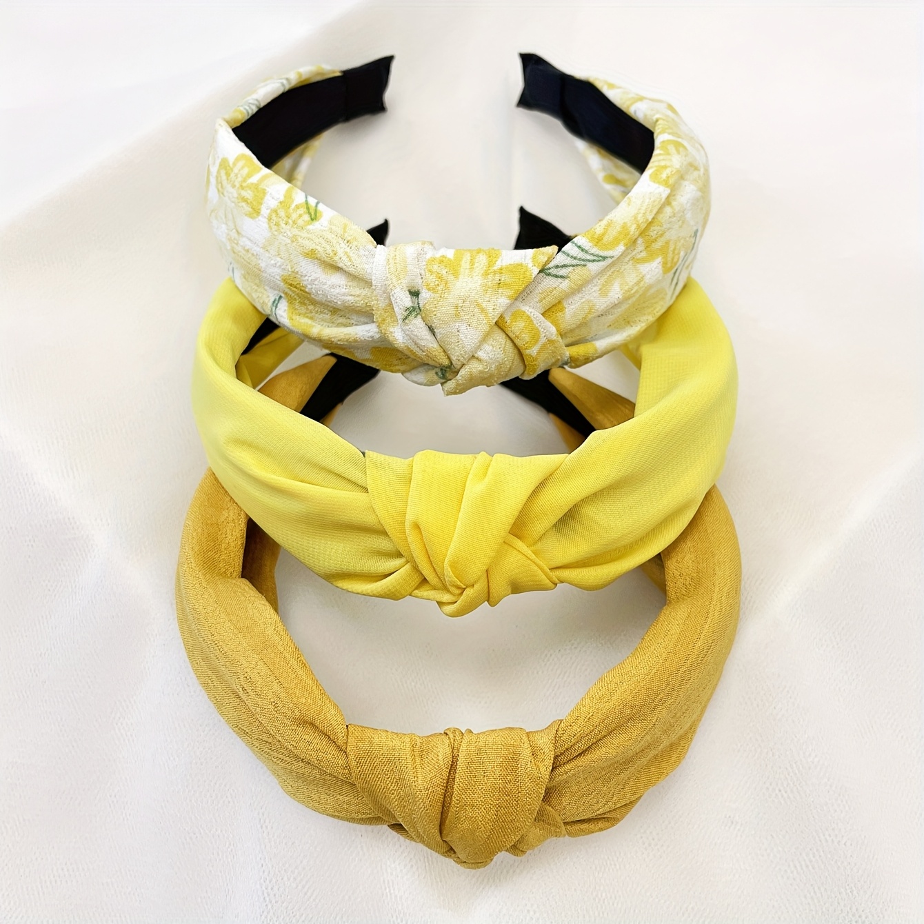 E-shop 3er Set Damen Gelbes Minimalistisches Monochromes Blumenmuster Stoff Breites Stirnband Outdoor Kopfband Haarverzierungen Geeignet für den