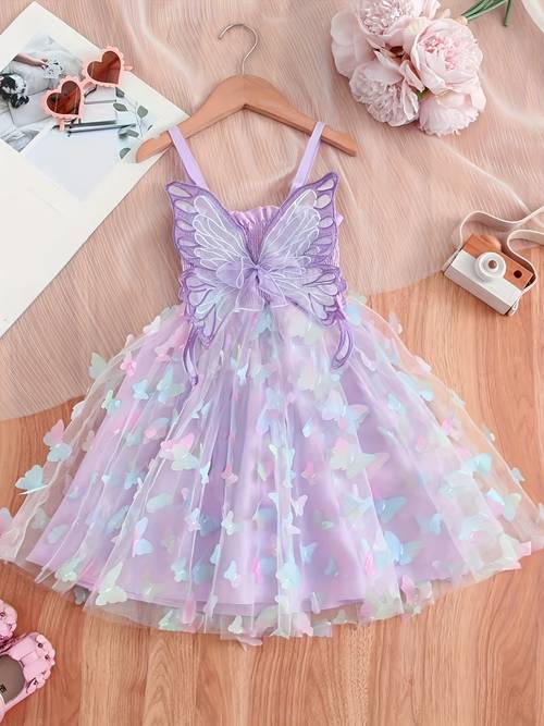 sommerliches camisole-kleid für mädchen, verziert mit großem schmetterlingsmuster, modisches prinzessinnenkleid, auftrittskleid, tüll-puffkleid