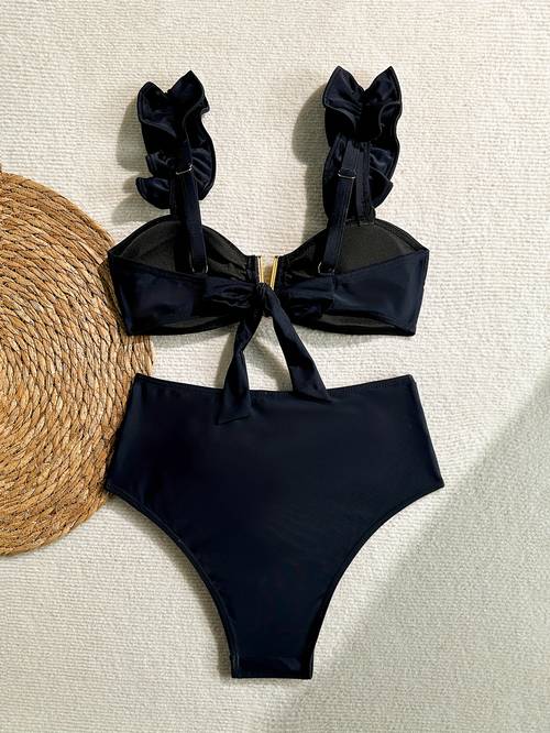 new womens bikini two piece set with shoulder straps pleated ruffle edges large bow decoration beach wear swimsuit